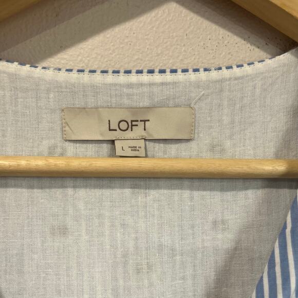 LOFT Wrap Midi Dress L Blue Eyelet 100% Cotton Ruffle Sleeves Summer Sundress - Picture 7 of 9